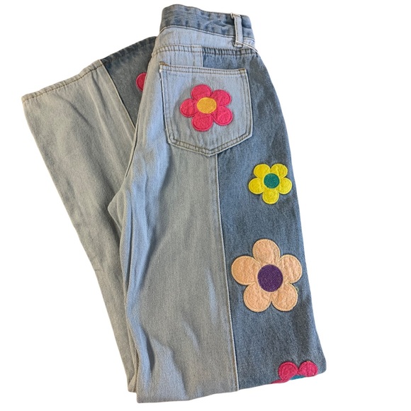Blue Flower Power Hippie Embroidery Patchwork Flare High Waisted Wide Leg Jeans - Picture 5 of 14